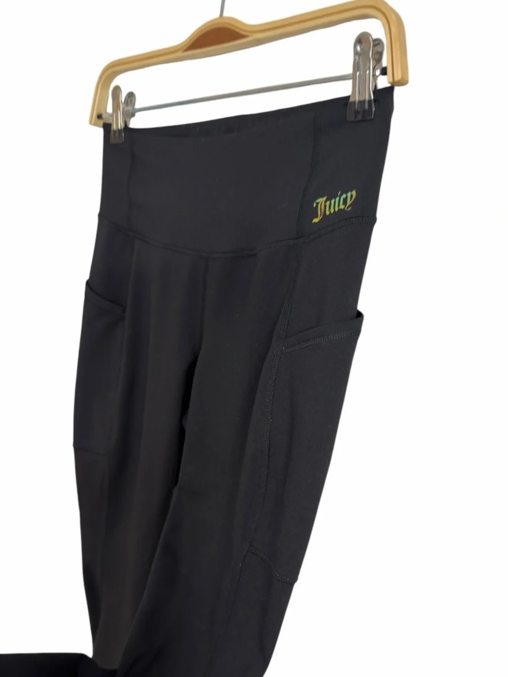 Juicy Couture Black Active Leggings Side Pockets Gold Logo Women’s Size Medium